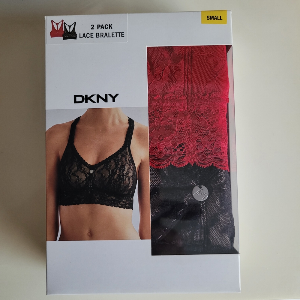 DKNY Lace Bralette Set - Black and Red, Size Small